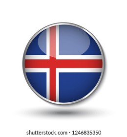 Round button national flag of Iceland with the reflection of light and shadow. Icon country. Realistic vector illustration.