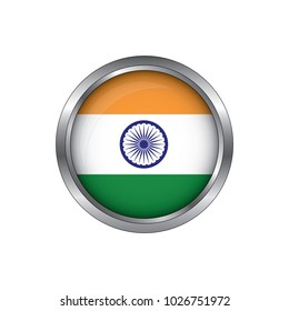 Round button national flag of India with the reflection of light and shadow. Icon country. Realistic vector illustration.