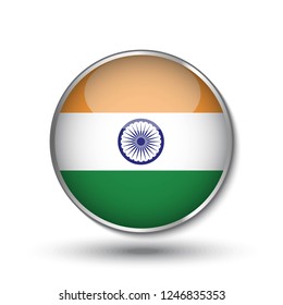 Round button national flag of India with the reflection of light and shadow. Icon country. Realistic vector illustration.