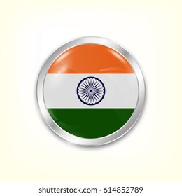 Round button national flag of India with the reflection of light and shadow. Icon country. Realistic vector illustration.