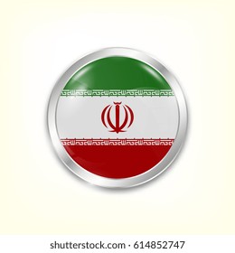 Round button national flag of Iran with the reflection of light and shadow. Icon country. Realistic vector illustration.