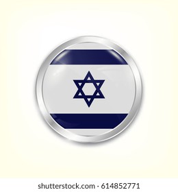 Round button national flag of Israel with the reflection of light and shadow. Icon country. Realistic vector illustration.