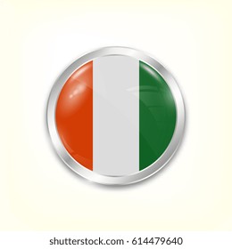 Round button national flag of Ivory coast with the reflection of light and shadow. Icon country. Realistic vector illustration.