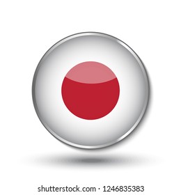 Round button national flag of Japan with the reflection of light and shadow. Icon country. Realistic vector illustration.
