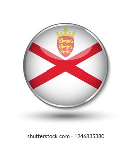Round button national flag of Jersey with the reflection of light and shadow. Icon country. Realistic vector illustration.