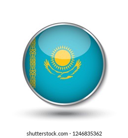 Round button national flag of Kazakhstan with the reflection of light and shadow. Icon country. Realistic vector illustration.