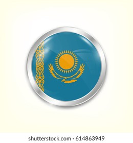 Round button national flag of Kazakhstan with the reflection of light and shadow. Icon country. Realistic vector illustration.