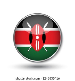 Round button national flag of Kenya with the reflection of light and shadow. Icon country. Realistic vector illustration.
