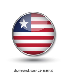 Round button national flag of Liberria with the reflection of light and shadow. Icon country. Realistic vector illustration.