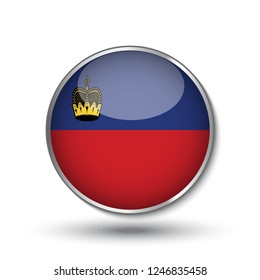 Round button national flag of Liechtenstein with the reflection of light and shadow. Icon country. Realistic vector illustration.