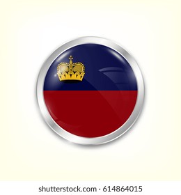 Round button national flag of Liechtenstein with the reflection of light and shadow. Icon country. Realistic vector illustration.