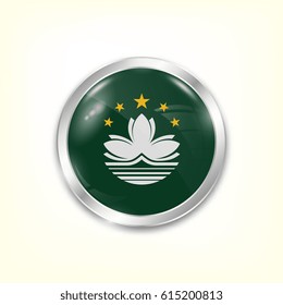 Round button national flag of Macau with the reflection of light and shadow. Icon country. Realistic vector illustration.