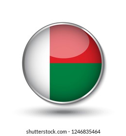 Round button national flag of Madagascar with the reflection of light and shadow. Icon country. Realistic vector illustration.