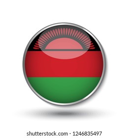 Round button national flag of Malawi with the reflection of light and shadow. Icon country. Realistic vector illustration.