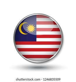 Round button national flag of Malaysia with the reflection of light and shadow. Icon country. Realistic vector illustration.
