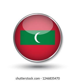 Round button national flag of Maldives with the reflection of light and shadow. Icon country. Realistic vector illustration.