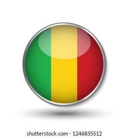 Round button national flag of Mali with the reflection of light and shadow. Icon country. Realistic vector illustration.