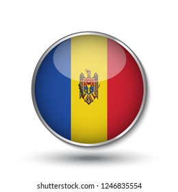 Round button national flag of Moldova with the reflection of light and shadow. Icon country. Realistic vector illustration.