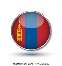 Round button national flag of Mongolian with the reflection of light and shadow. Icon country. Realistic vector illustration.