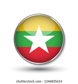 Round button national flag of Myamar with the reflection of light and shadow. Icon country. Realistic vector illustration.