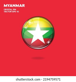 Round button national flag of Myanmar with the reflection of light and shadow. Icon country. Realistic vector illustration.