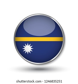 Round button national flag of Nauru with the reflection of light and shadow. Icon country. Realistic vector illustration.