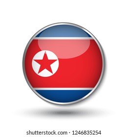 Round button national flag of North Korea with the reflection of light and shadow. Icon country. Realistic vector illustration.