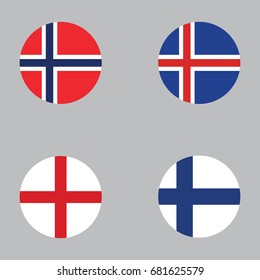 Round button national flag of Norway, Iceland, England, Finland Country europe flag icon