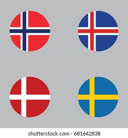 Round button national flag of Norway, Iceland, Denmark, Sweden Country europe flag icon
