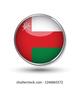 Round button national flag of Oman with the reflection of light and shadow. Icon country. Realistic vector illustration.
