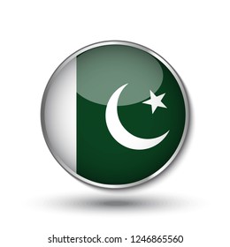 Round button national flag of Pakistan with the reflection of light and shadow. Icon country. Realistic vector illustration.