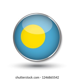 Round button national flag of Palau with the reflection of light and shadow. Icon country. Realistic vector illustration.