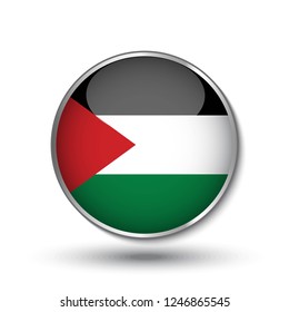 Round button national flag of Palestine with the reflection of light and shadow. Icon country. Realistic vector illustration.
