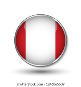 Round button national flag of Peru with the reflection of light and shadow. Icon country. Realistic vector illustration.