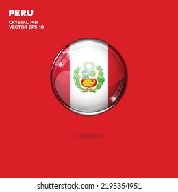 Round button national flag of Peru with the reflection of light and shadow. Icon country. Realistic vector illustration.