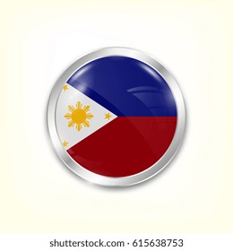 Round button national flag of Philippines with the reflection of light and shadow. Icon country. Realistic vector illustration.