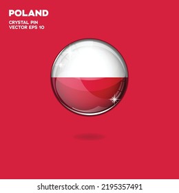 Round button national flag of Poland with the reflection of light and shadow. Icon country. Realistic vector illustration.