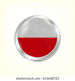 Round button national flag of Poland with the reflection of light and shadow. Icon country. Realistic vector illustration.