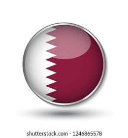 Round button national flag of Qatar with the reflection of light and shadow. Icon country. Realistic vector illustration.