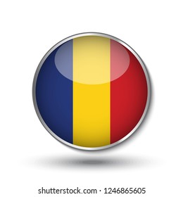 Round button national flag of Romania with the reflection of light and shadow. Icon country. Realistic vector illustration.