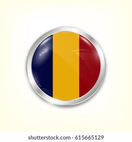 Round button national flag of Romania with the reflection of light and shadow. Icon country. Realistic vector illustration.