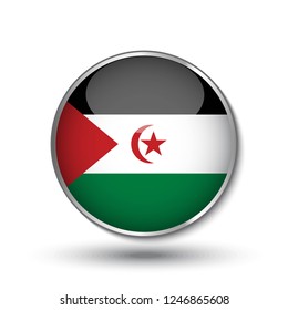 Round button national flag of Sahrawi Arab Democratic Republic with the reflection of light and shadow. Icon country. Realistic vector illustration.