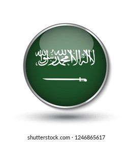 Round button national flag of Saudi Arabia with the reflection of light and shadow. Icon country. Realistic vector illustration.