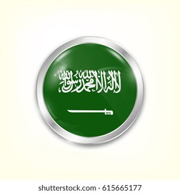 Round button national flag of Saudi Arabia with the reflection of light and shadow. Icon country. Realistic vector illustration.