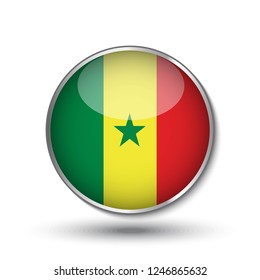 Round button national flag of Senegal with the reflection of light and shadow. Icon country. Realistic vector illustration.