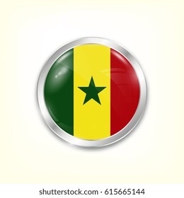 Round button national flag of Senegal with the reflection of light and shadow. Icon country. Realistic vector illustration.