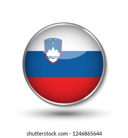 Round button national flag of Slovenia with the reflection of light and shadow. Icon country. Realistic vector illustration.