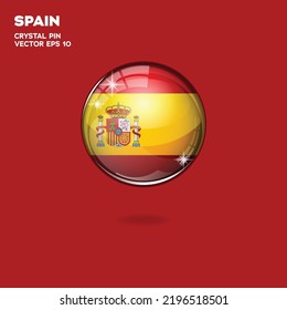 Bandera nacional de botón redondo de España con el reflejo de luz y sombra. País del icono. Ilustración vectorial realista.