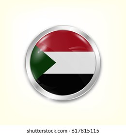 Round button national flag of Sudan with the reflection of light and shadow. Icon country. Realistic vector illustration.