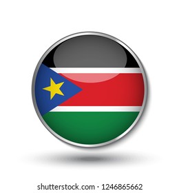Round button national flag of Suuth Sudan with the reflection of light and shadow. Icon country. Realistic vector illustration.
